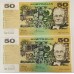 AUSTRALIA 1973 . FIFTY 50 DOLLARS BANKNOTE . PHILLIPS/WHEELER . ERROR . INK TRANSFER . CONSEC PAIR